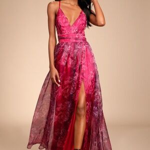 Lulus Romance That Wows Magenta Floral Print Organza Maxi Dress Pink - Size XL